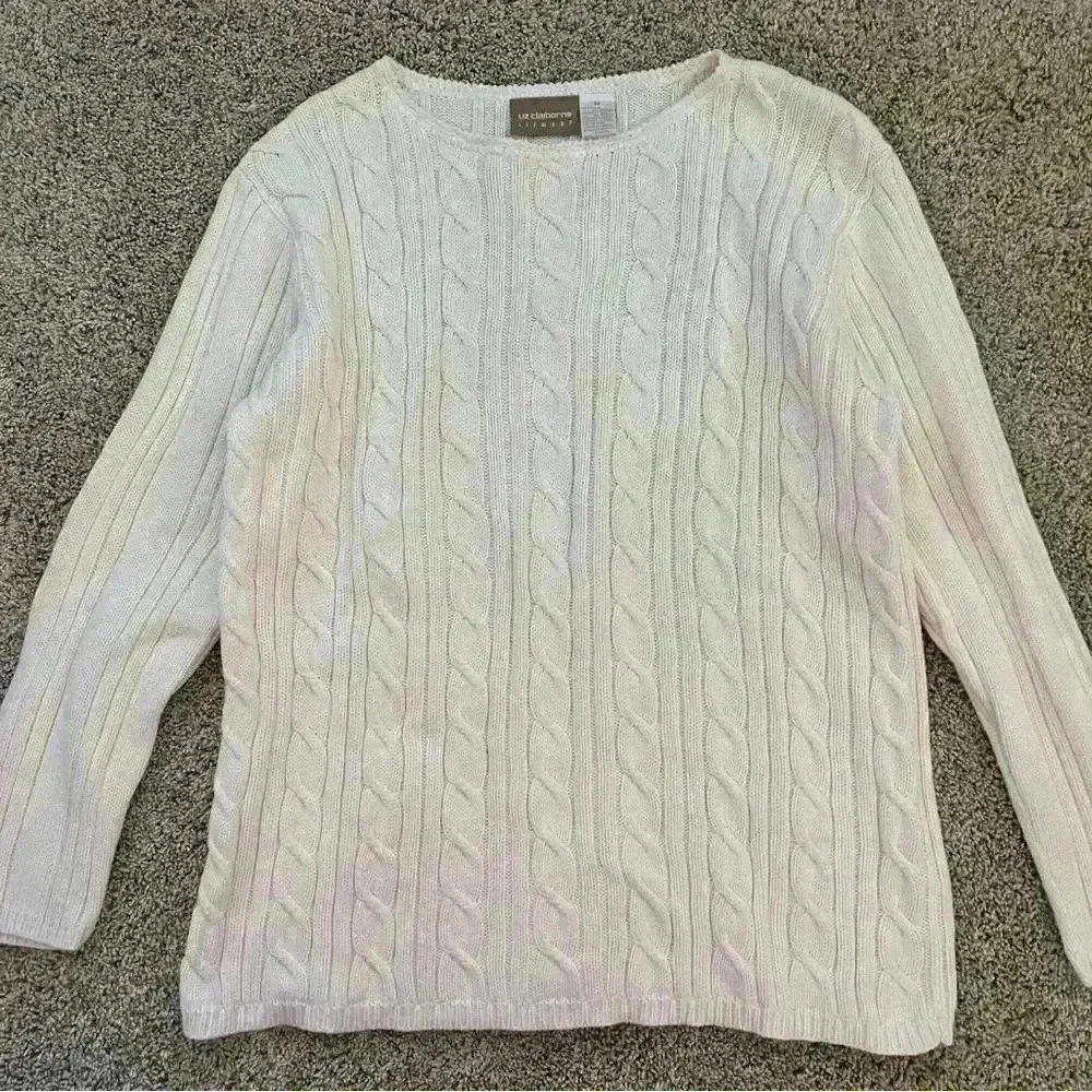 Liz Claiborne off-white crew neck cable knit sweater women's size Medium
